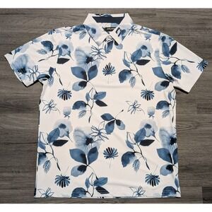 Druids Men's WHite Blue Floral Print Performance Golf Poly‎ Size Large